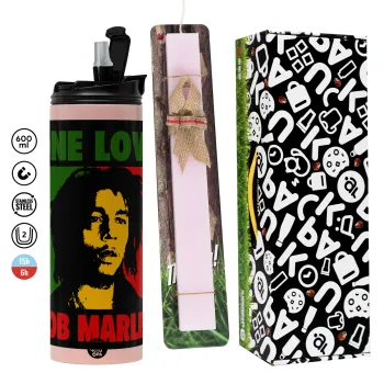 Bob marley, one love, Easter candle,Travel Tumbler 2 Lids, with metal straw & cleaning brush & aromatic flat candle (30cm) (PINK)