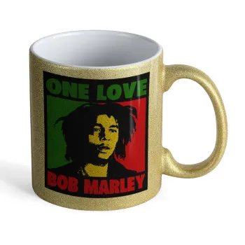 Bob marley, one love, Κούπα Χρυσή Glitter που γυαλίζει, κεραμική, 330ml
