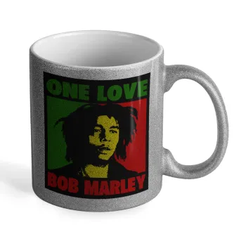 Bob marley, one love, Κούπα Ασημένια Glitter που γυαλίζει, κεραμική, 330ml