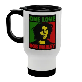 Bob marley, one love, Κούπα ταξιδιού ανοξείδωτη με καπάκι, διπλού τοιχώματος (θερμό) λευκή 450ml