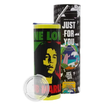 Bob marley, one love, Neon Yellow Travel Tumbler θερμό, μεταλλικό καλαμάκι(Ανωξείδωτο 304 Food grade, BPA free, 600ml)
