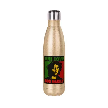 Bob marley, one love, Μεταλλικό παγούρι θερμός Glitter χρυσό (Stainless steel), διπλού τοιχώματος, 500ml