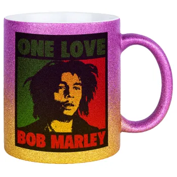 Bob marley, one love, Κούπα Χρυσή/Ροζ Glitter, κεραμική, 330ml