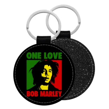 Bob marley, one love, Μπρελόκ Δερματίνη, στρογγυλό ΜΑΥΡΟ (5cm)