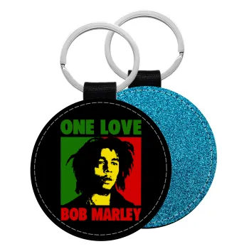 Bob marley, one love, Μπρελόκ Δερματίνη, στρογγυλό ΜΠΛΕ (5cm)