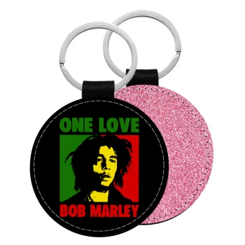 Bob marley, one love, Μπρελόκ Δερματίνη, στρογγυλό ΡΟΖ (5cm)