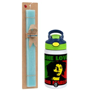 Bob marley, one love, Easter Set, Children's thermal stainless steel bottle with safety straw, green/blue (350ml) & aromatic flat Easter candle (30cm) (TURQUOISE)