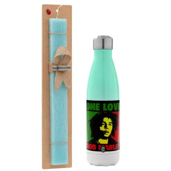 Bob marley, one love, Easter Set, Metallic green/white thermos (Stainless steel), double-walled, 500ml & scented flat Easter candle (30cm) (TURQUOISE)