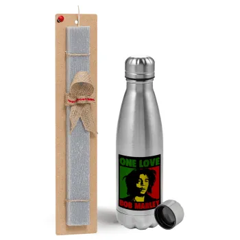 Bob marley, one love, Easter Set, metallic Inox water bottle (750ml) & aromatic flat Easter candle (30cm) (GRAY)