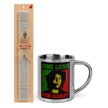 Bob marley, one love, Πασχαλινή Λαμπάδα με μεταλλική κούπα θερμό (300ml) & κερί αρωματικό πλακέ (30cm) (ΓΚΡΙ)
