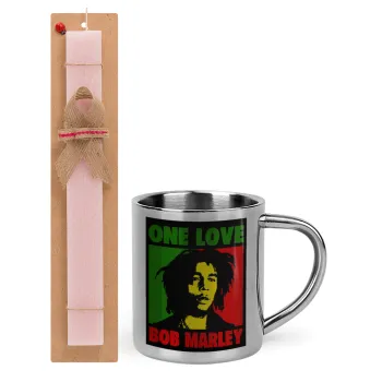 Bob marley, one love, Easter Set, metallic thermal cup (300ml) & aromatic flat Easter candle (30cm) (PINK)