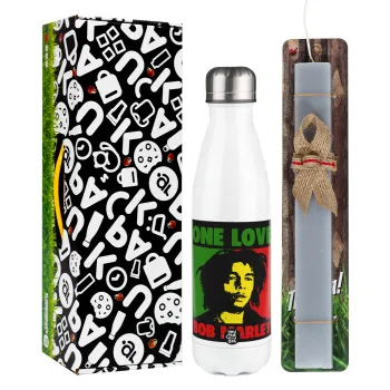 Bob marley, one love, Πασχαλινή Λαμπάδα με μεταλλικό παγούρι θερμός λευκός (500ml) & λαμπάδα αρωματική πλακέ (30cm) (ΓΚΡΙ)