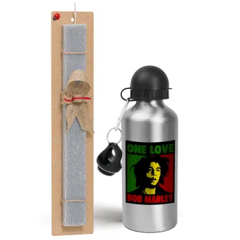 Bob marley, one love, Easter Set, metallic silver aluminum water bottle (500ml) & aromatic flat Easter candle (30cm) (GRAY)