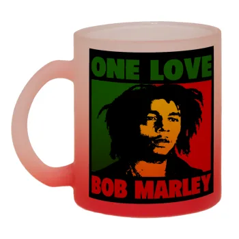 Bob marley, one love, Κούπα γυάλινη δίχρωμη με βάση το κόκκινο ματ, 330ml