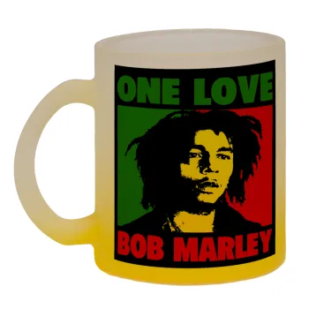 Bob marley, one love, Κούπα γυάλινη δίχρωμη με βάση το κίτρινο ματ, 330ml