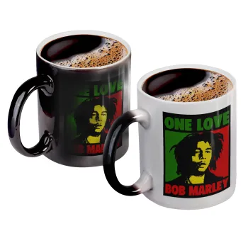 Bob marley, one love, Color changing magic Mug, ceramic, 330ml when adding hot liquid inside, the black colour desappears (1 pcs)