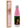 Easter Set, Metallic pink/white (Stainless steel) thermos, double-walled, 500ml & aromatic flat Easter candle (30cm) (PINK)