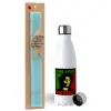 Easter Set, metallic stainless steel water bottle (750ml) & aromatic flat Easter candle (30cm) (TURQUOISE)