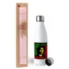 Easter Set, metallic stainless steel water bottle (750ml) & scented flat Easter candle (30cm) (PINK)