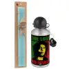 Easter Set, metallic silver aluminum water bottle (500ml) & scented flat Easter candle (30cm) (TURQUOISE)