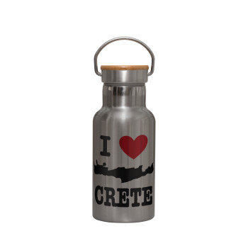 I Love Crete, Stainless steel metallic thermos flask, silver with a bamboo lid, double-walled, 350ml.