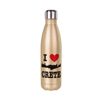 I Love Crete, Μεταλλικό παγούρι θερμός Glitter χρυσό (Stainless steel), διπλού τοιχώματος, 500ml