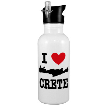 I Love Crete, White water bottle with straw, stainless steel 600ml