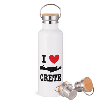 I Love Crete, Μεταλλικό παγούρι θερμός (Stainless steel) Λευκό με ξύλινο καπάκι (bamboo), διπλού τοιχώματος, 750ml