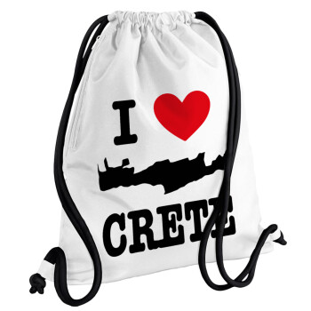 I Love Crete, Τσάντα πλάτης πουγκί GYMBAG λευκή, με τσέπη (40x48cm) & χονδρά κορδόνια