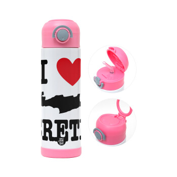 I Love Crete, Children's hot water bottle, stainless steel, with safety straw, PINK (500ml)