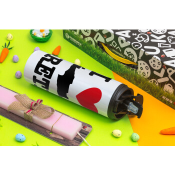 I Love Crete, Easter candle,Travel Tumbler 2 Lids, with metal straw & cleaning brush & aromatic flat candle (30cm) (PINK)