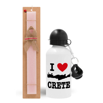 I Love Crete, Πασχαλινό Σετ, παγούρι μεταλλικό αλουμινίου (500ml) & πασχαλινή λαμπάδα αρωματική πλακέ (30cm) (ΡΟΖ)