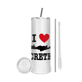 I Love Crete, Tumbler ποτήρι θερμό από ανοξείδωτο ατσάλι 600ml, με μεταλλικό καλαμάκι & βούρτσα καθαρισμού