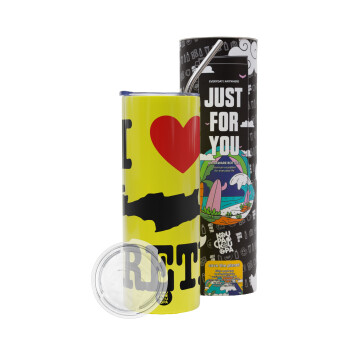 I Love Crete, Neon Yellow Travel Tumbler, with metal straw (Stainless steel 304 Food grade, BPA free, 600ml)