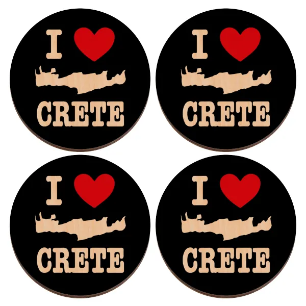 I Love Crete — Set of 4 round plywood coasters (9cm)