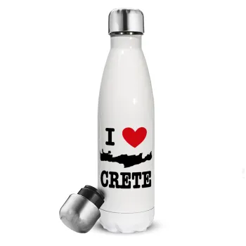 I Love Crete, Μεταλλικό παγούρι θερμός Λευκό (Stainless steel), διπλού τοιχώματος, 500ml