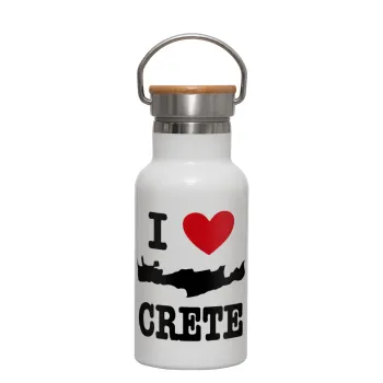 I Love Crete, Μεταλλικό παγούρι θερμός (Stainless steel) Λευκό με ξύλινο καπακι (bamboo), διπλού τοιχώματος, 350ml