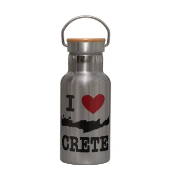 I Love Crete, Μεταλλικό παγούρι θερμός (Stainless steel) Ασημένιο με ξύλινο καπακι (bamboo), διπλού τοιχώματος, 350ml