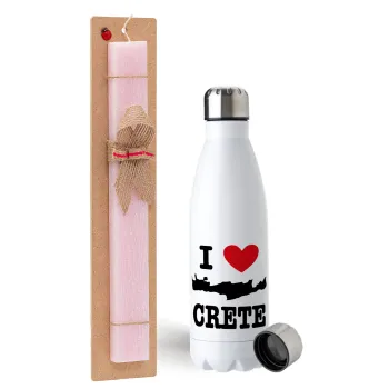 I Love Crete, Easter Set, metallic stainless steel water bottle (750ml) & scented flat Easter candle (30cm) (PINK)