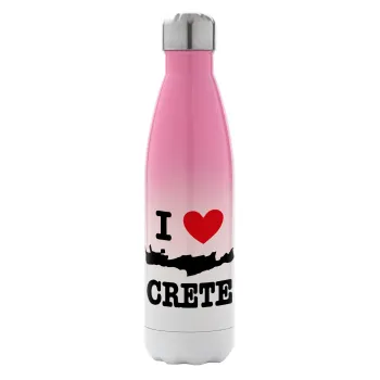 I Love Crete, Μεταλλικό παγούρι θερμός Ροζ/Λευκό (Stainless steel), διπλού τοιχώματος, 500ml