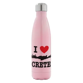 I Love Crete, Μεταλλικό παγούρι θερμός Ροζ Ιριδίζον (Stainless steel), διπλού τοιχώματος, 500ml
