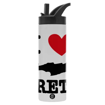 I Love Crete, Metallic thermos bottle with straw & handle, stainless steel (Stainless steel 304), double-walled, 600ml.