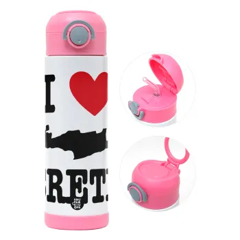 I Love Crete, Παιδικό παγούρι θερμό, ανοξείδωτο, με καλαμάκι ασφαλείας, ΡΟΖ (500ml)