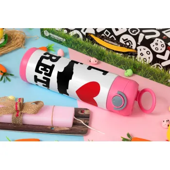 I Love Crete, Easter candle, Childrens hot water bottle, stainless steel, with safety straw, PINK (500ml)