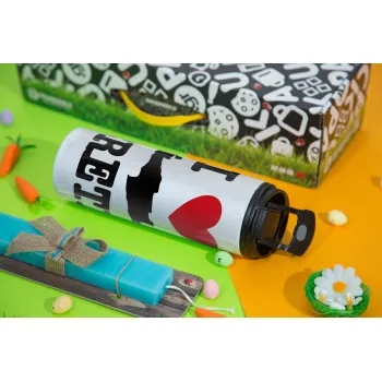 I Love Crete, Easter candle,Travel Tumbler 2 Lids, with metal straw & cleaning brush & aromatic flat candle (30cm) (BLUE)