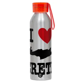 I Love Crete, Αλουμινένιο Αθλητικό Μπουκάλι 650ml – Ασημί με Κόκκινο Καπάκι και Λουράκι Σιλικόνης