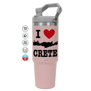 I Love Crete, Pink color, 890ml (30oz) stainless Steel Tumbler with Handle