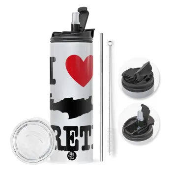 I Love Crete, Travel Tumbler θερμό με διπλό καπάκι, μεταλλικό καλαμάκι και βούρτσα καθαρισμού (Ανωξείδωτο 304 Food grade, BPA free, 600ml)