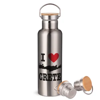 I Love Crete, Stainless steel Silver with wooden lid (bamboo), double wall, 750ml