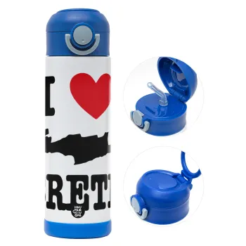 I Love Crete, Children's hot water bottle, stainless steel, with safety straw, BLUE (500ml)
